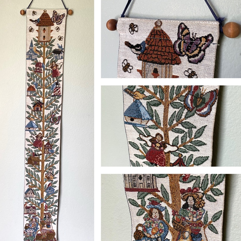 Vintage Tapestry Bell Pull Wall Art Tree of Life Birdhouses Butterflies Fairies